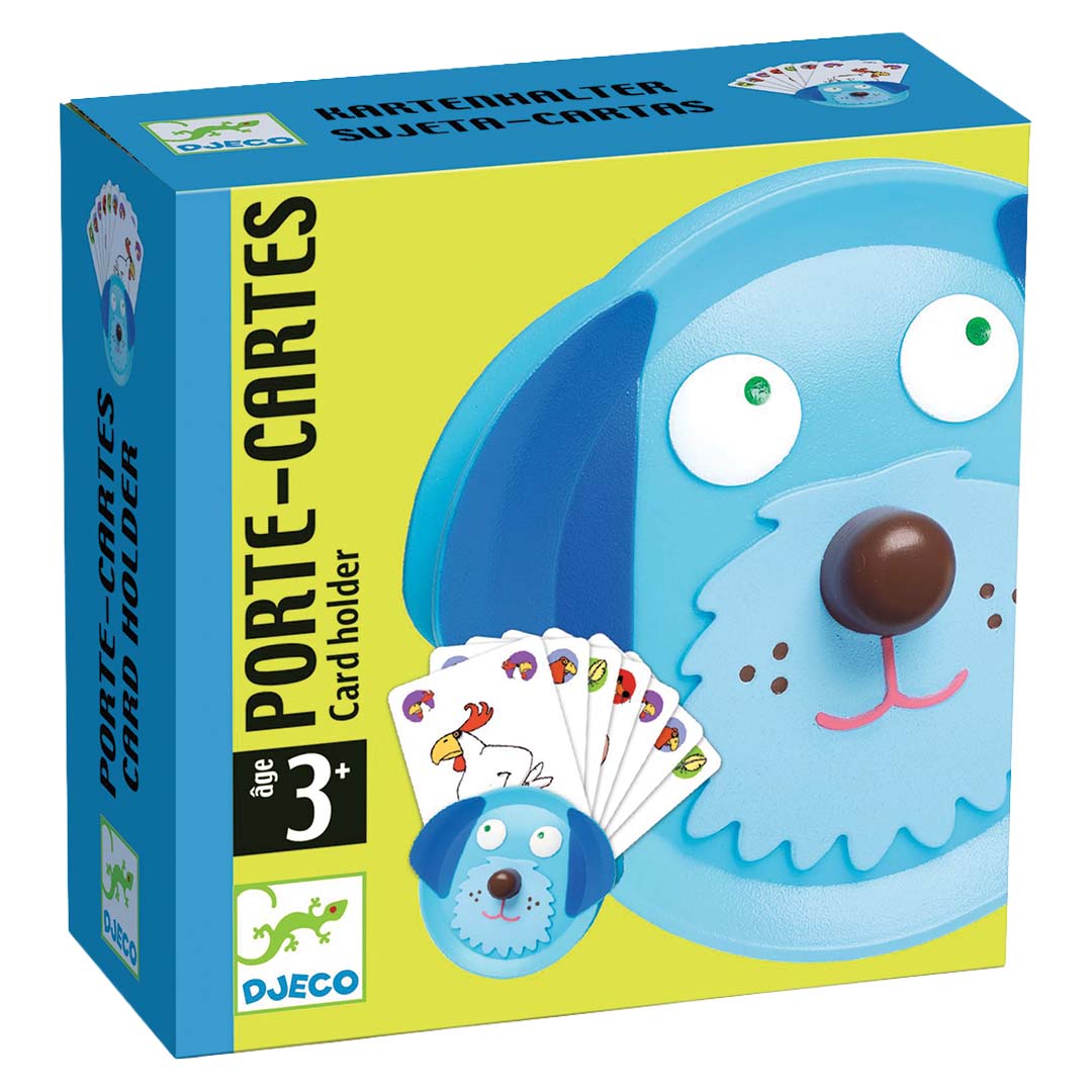 De verpakking van de Djeco kaarthouder in de vorm van een blauwe hond.