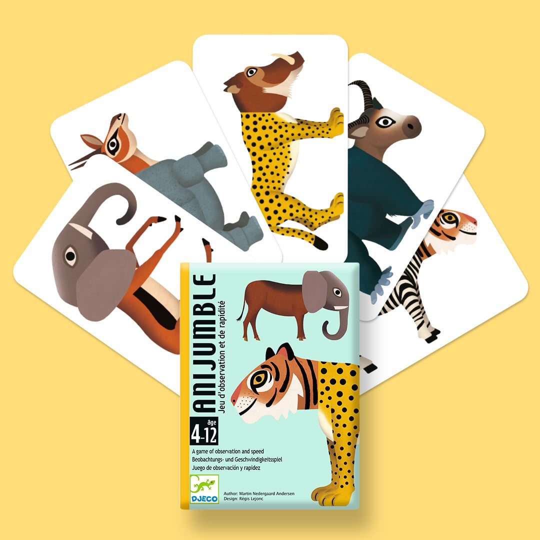 Djeco Anijumble kaartspel met de doos en diverse speelkaarten met gemixte dieren.