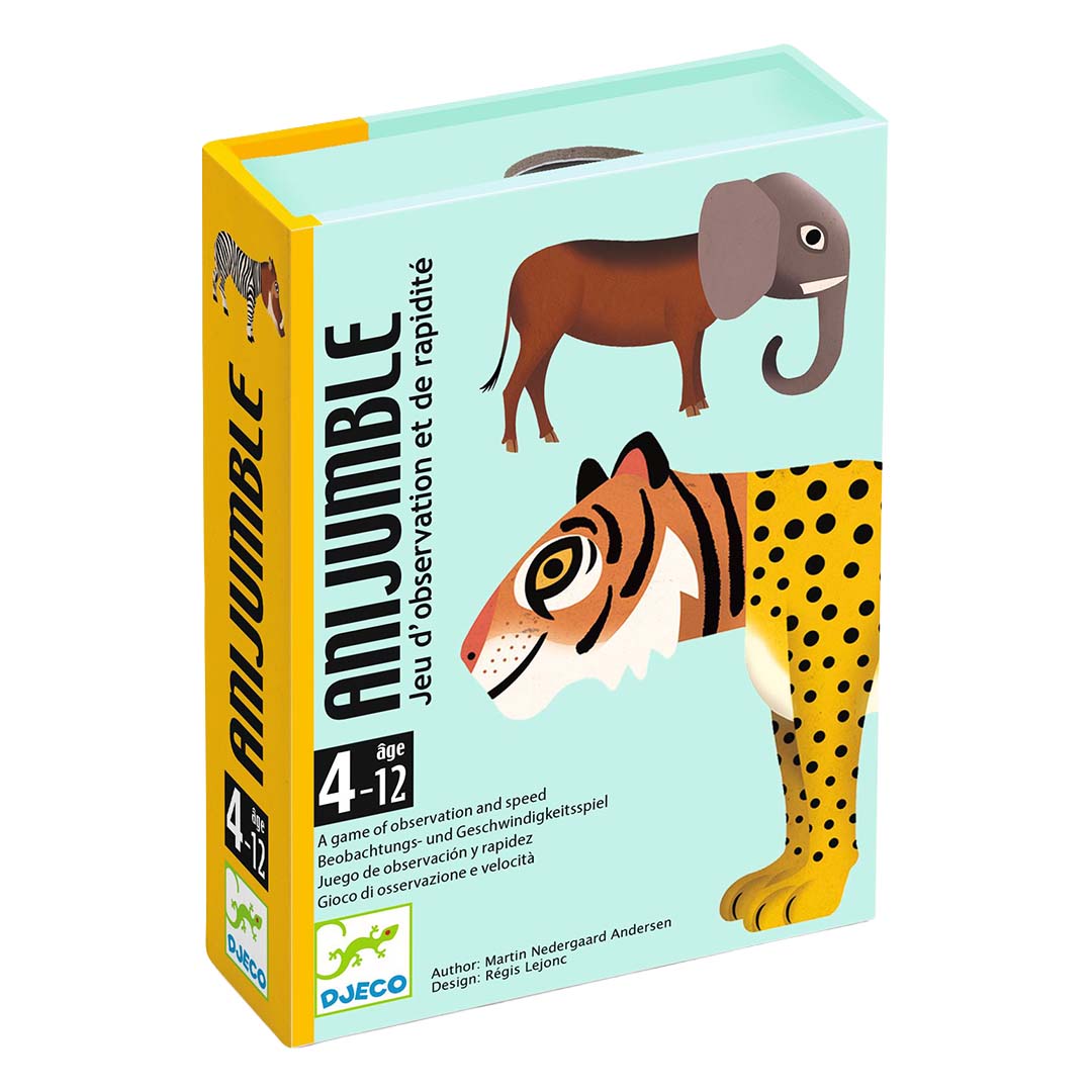 Djeco Anijumble kaartspel verpakking met een olifant en een tijger.