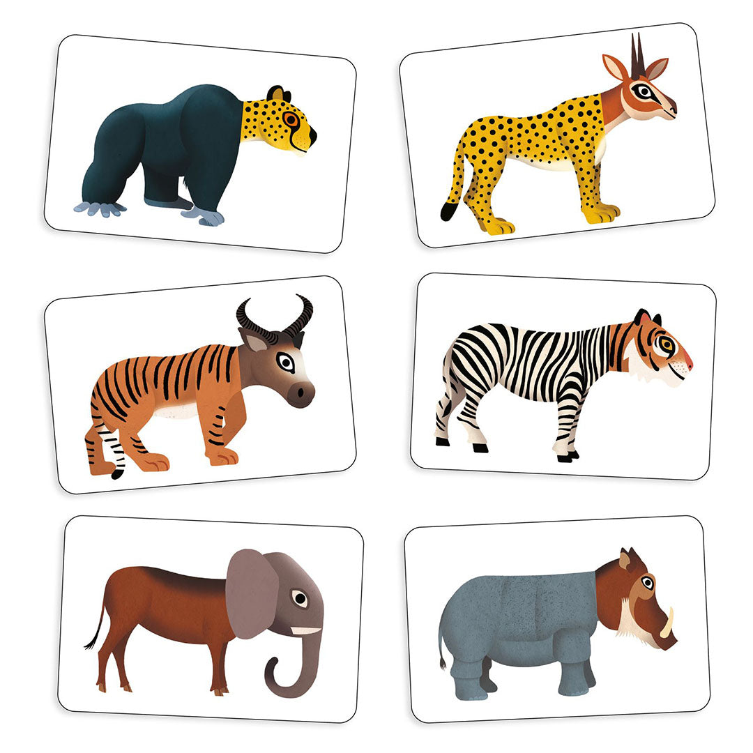 Zes Djeco Anijumble speelkaarten met verschillende fantasiedieren.