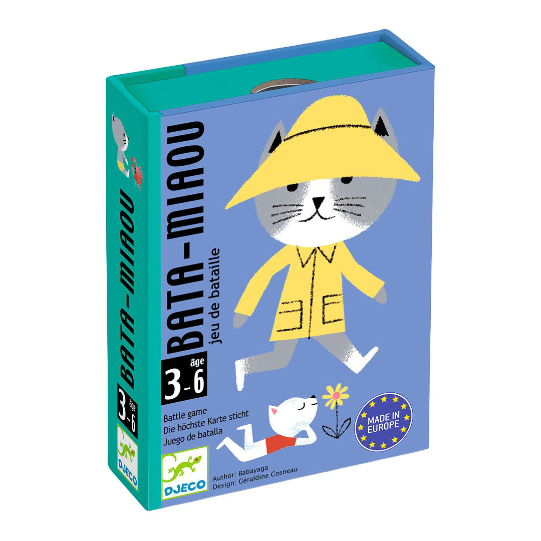 Djeco Bata-Miaou kaartspel verpakking met een kat in gele regenjas en een kleine kat bij een bloem.