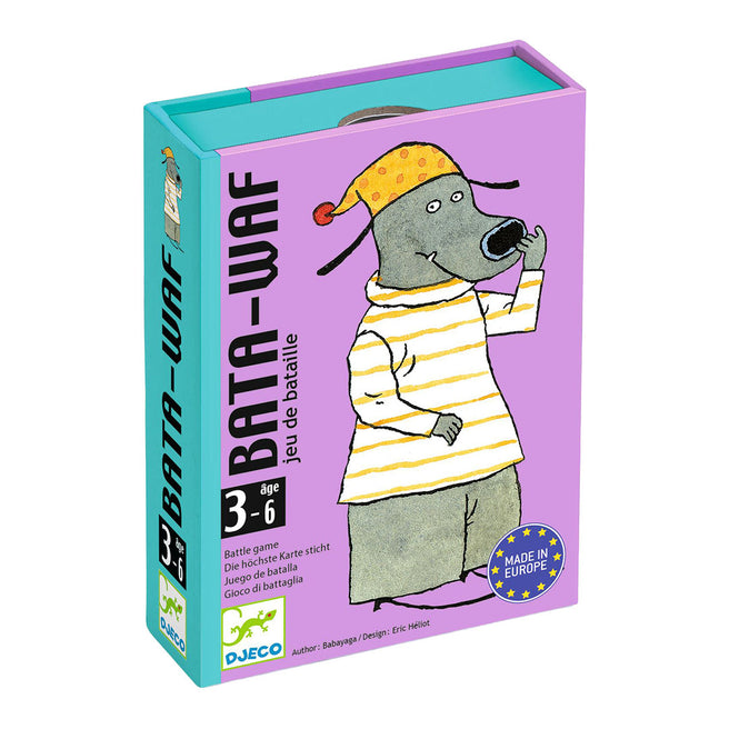 Djeco Bata-Waf kaartspel verpakking met een cartoonhond in gestreepte trui en gele muts, schuin van bovenaf gezien.