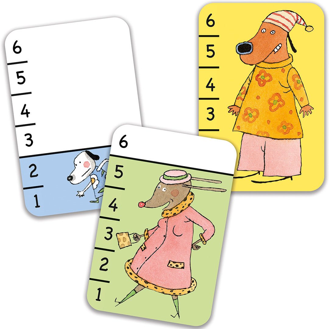 Drie speelkaarten van het Bata-Waf kaartspel met cartoon dieren en nummers 1 tot 6.