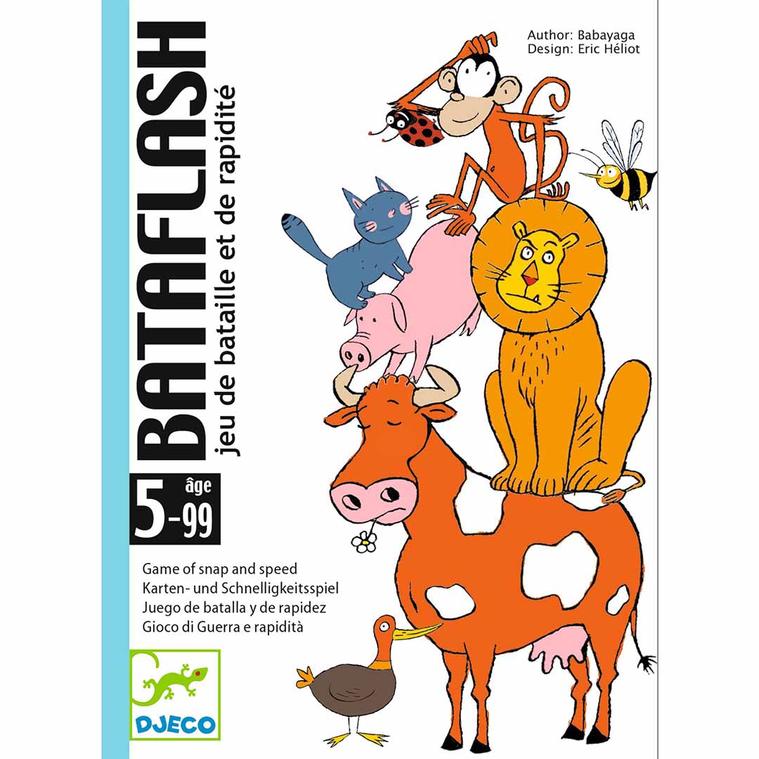 De voorkant van de Djeco Bataflash kaartspel verpakking met een stapel dieren.