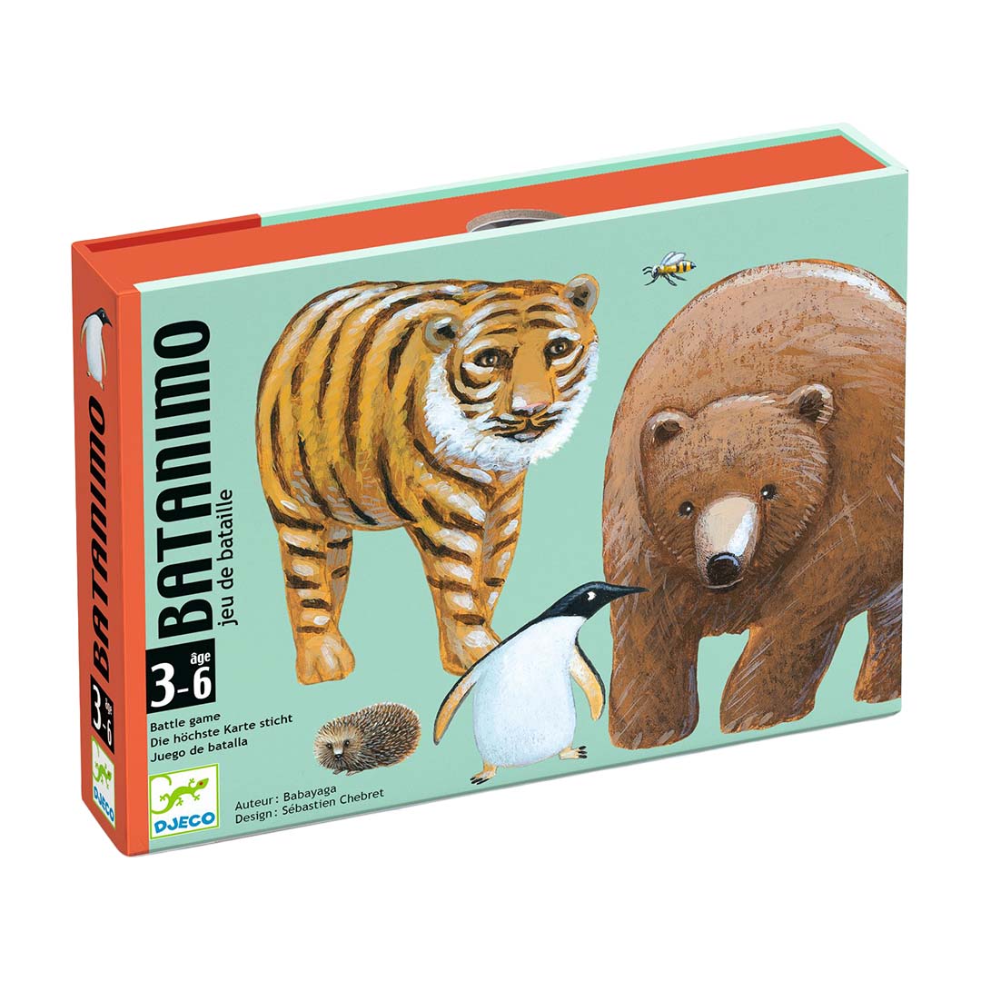 Djeco Batanimo kaartspel verpakking met illustraties van een tijger, beer, pinguïn en egel.