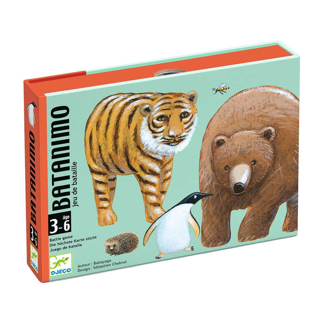 Djeco Batanimo kaartspel verpakking met illustraties van een tijger, beer, pinguïn en egel.