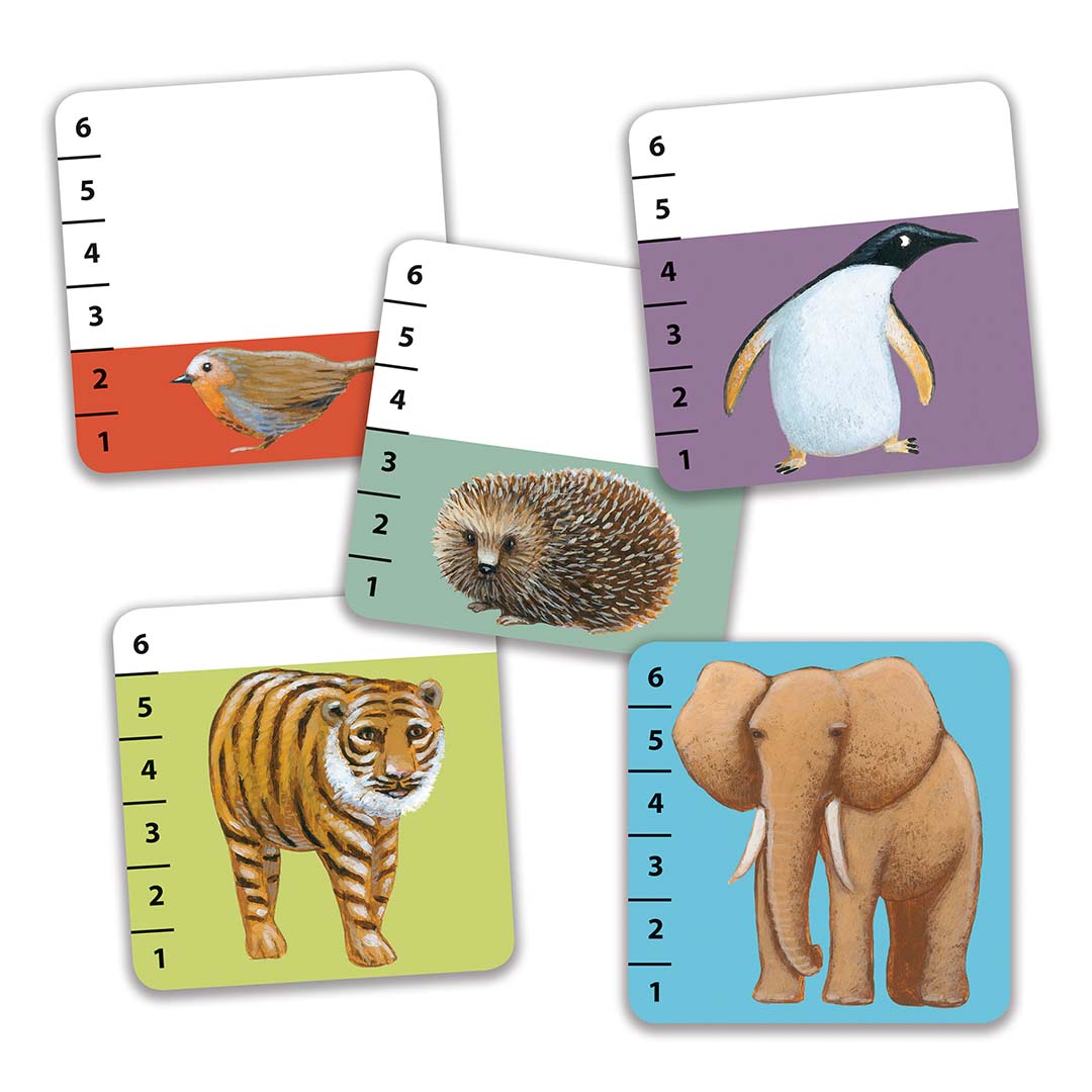 Vijf Djeco Batanimo speelkaarten met dierenillustraties van een roodborstje, egel, pinguïn, tijger en olifant.