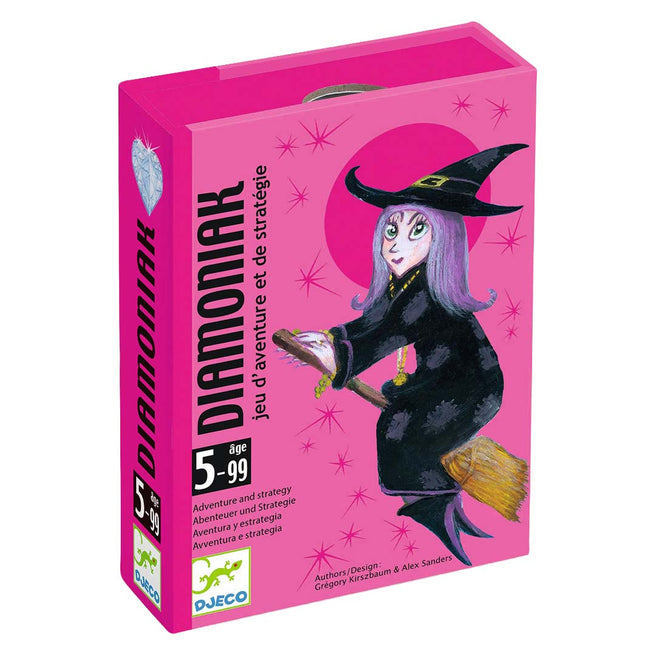 Djeco Diamoniak kaartspel verpakking met een heks op een bezemsteel.