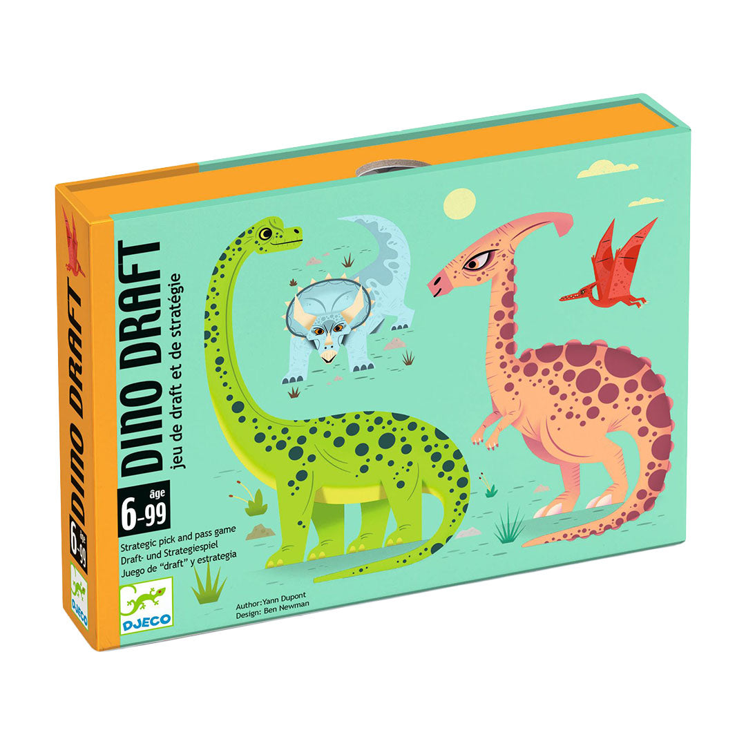 Djeco Dino Draft kaartspel verpakking met illustraties van verschillende dinosaurussen.