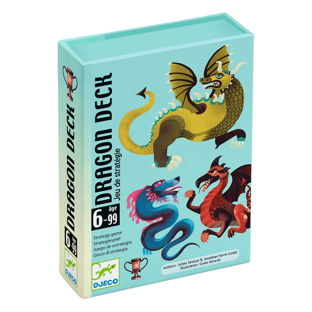 Djeco Dragon Deck kaartspel verpakking met illustraties van drie draken en leeftijdsaanduiding 6-99.