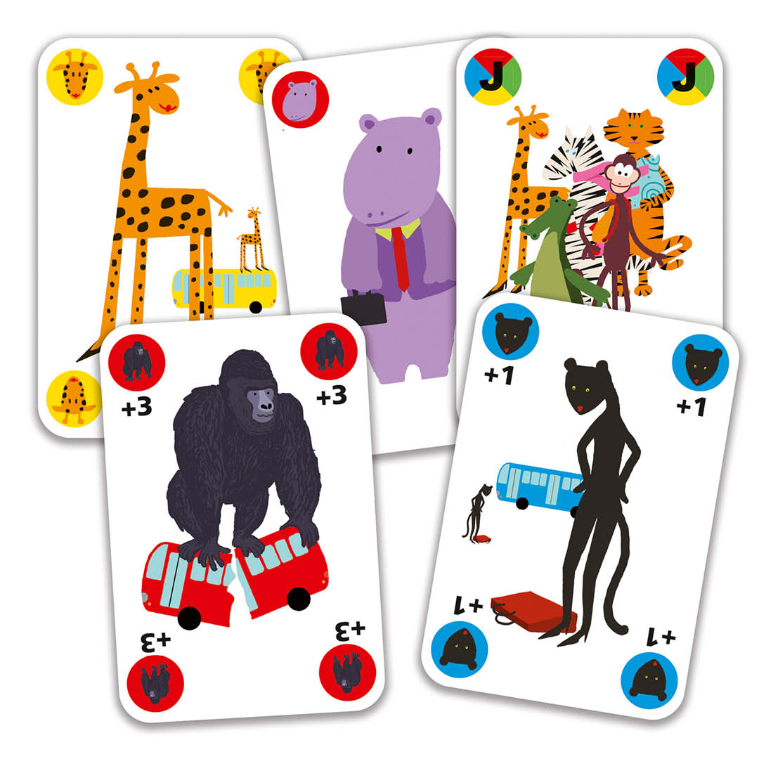 Speelkaarten van het Djeco kaartspel Gorilla met afbeeldingen van dieren en bussen.