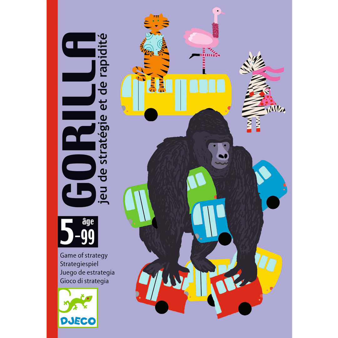 Voorkant van de Djeco kaartspel Gorilla verpakking met een gorilla op bussen en andere dieren.