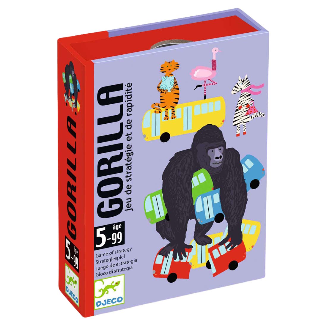 Djeco kaartspel Gorilla verpakking met een gorilla op bussen en andere dieren.