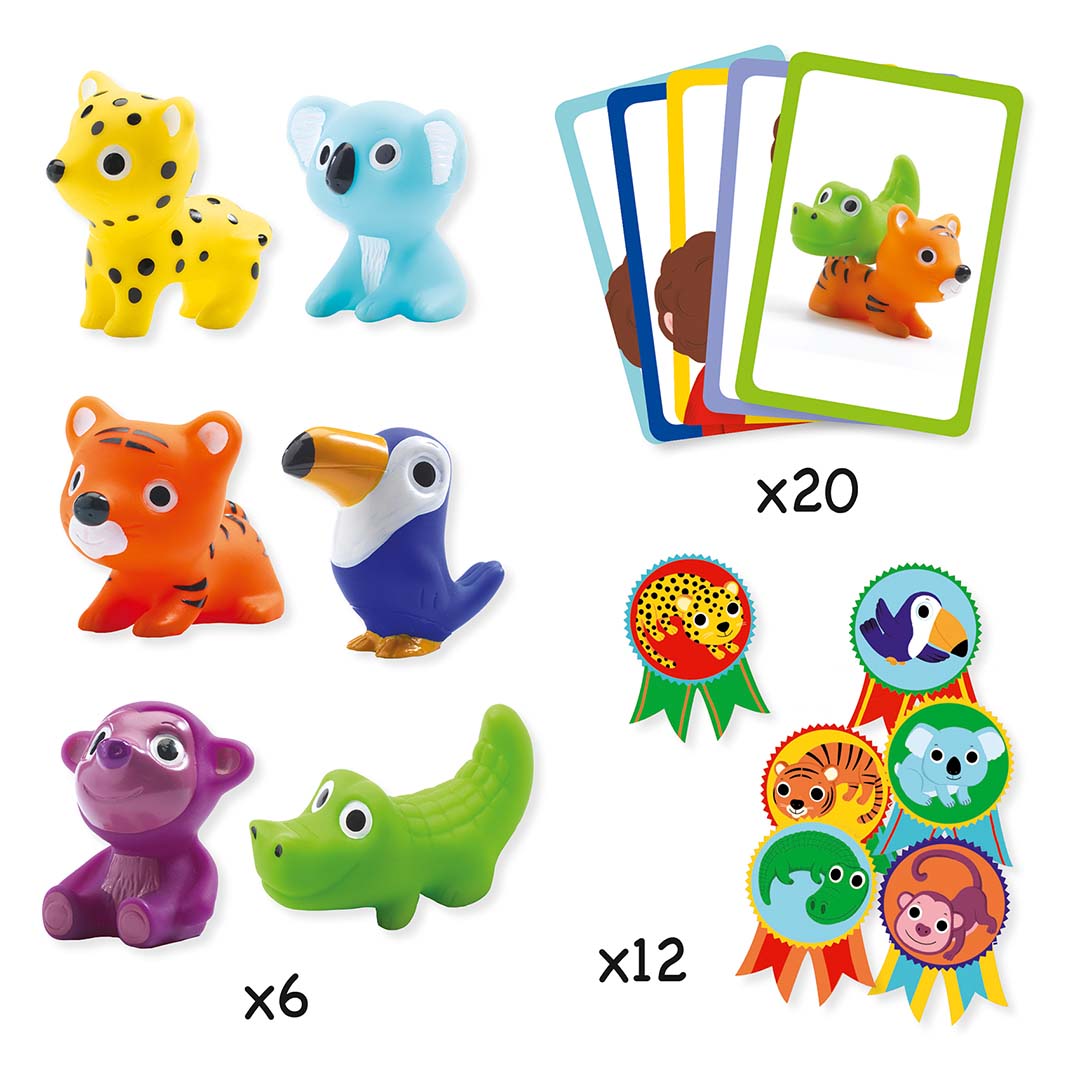 Infographic van het Djeco Little Action behendigheidsspel met de 6 plastic dierenfiguren, 20 kaarten en 12 medailles.