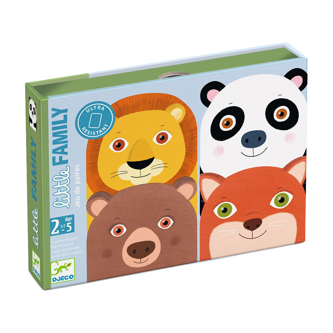 Djeco Little Family kaartspel verpakking met illustraties van een leeuw, panda, beer en vos.