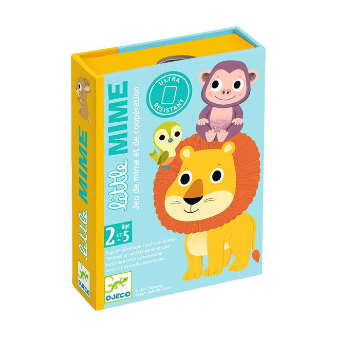 Djeco Little Mime kaartspel verpakking met illustraties van een leeuw, aap en vogel.
