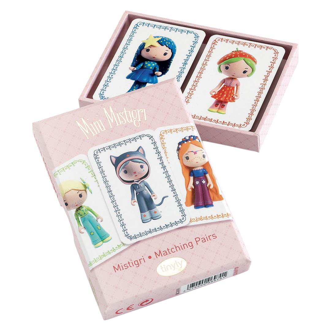 Djeco Mini Mistigri kaartspel met roze doos en kaarten met figuren.