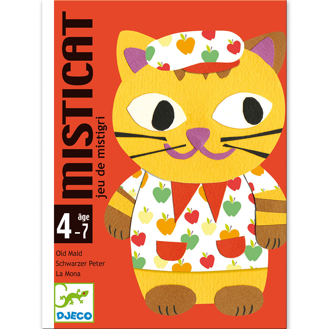 Djeco Misticat kaartspel verpakking met een grote gele kat op een rode achtergrond.