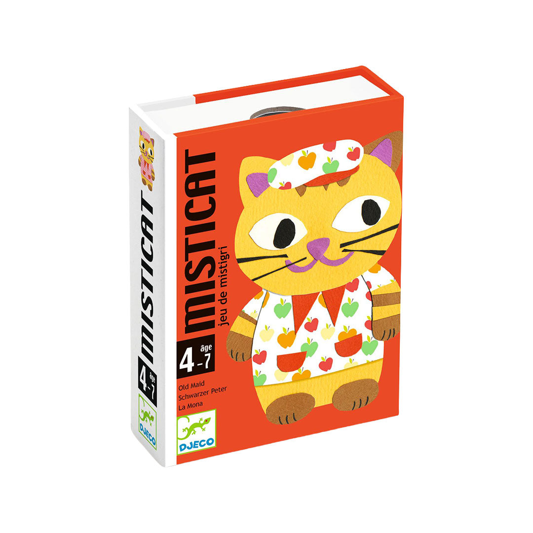 Djeco Misticat kaartspel verpakking met een gele kat op een rode achtergrond.