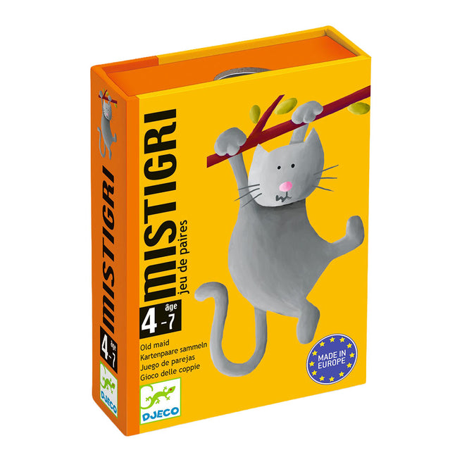 Djeco Mistigri kaartspel verpakking met een grijze kat die aan een tak hangt.