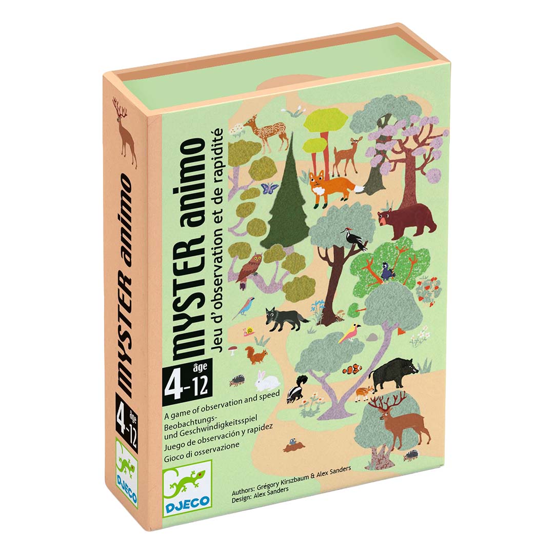 Djeco Myster Animo kaartspel verpakking met illustraties van dieren en bomen.