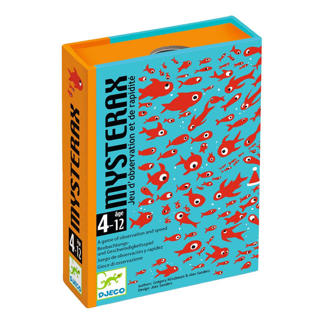 Djeco Mysterix kaartspel verpakking met rode vissen.