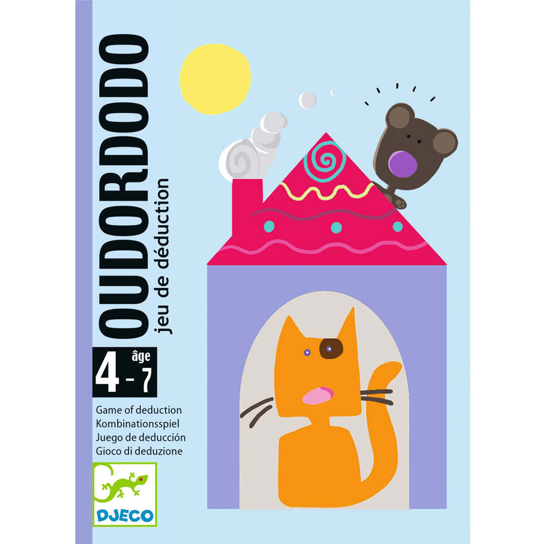 De voorkant van de Djeco Oudordodo deductiespel verpakking met een kat in een huis en een muis op het dak.