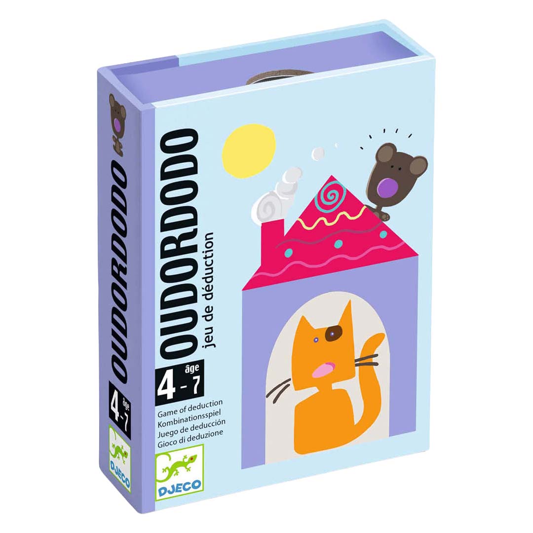 Djeco Oudordodo deductiespel verpakking met een kat in een huis en een muis op het dak.