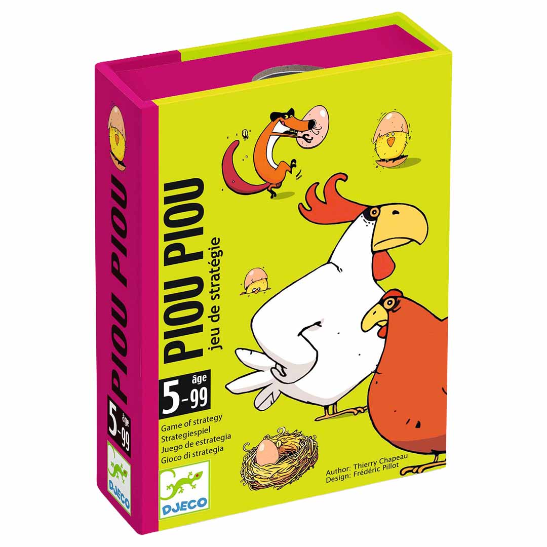 Djeco Piou Piou strategiespel verpakking met illustraties van kippen, een vos en eieren.