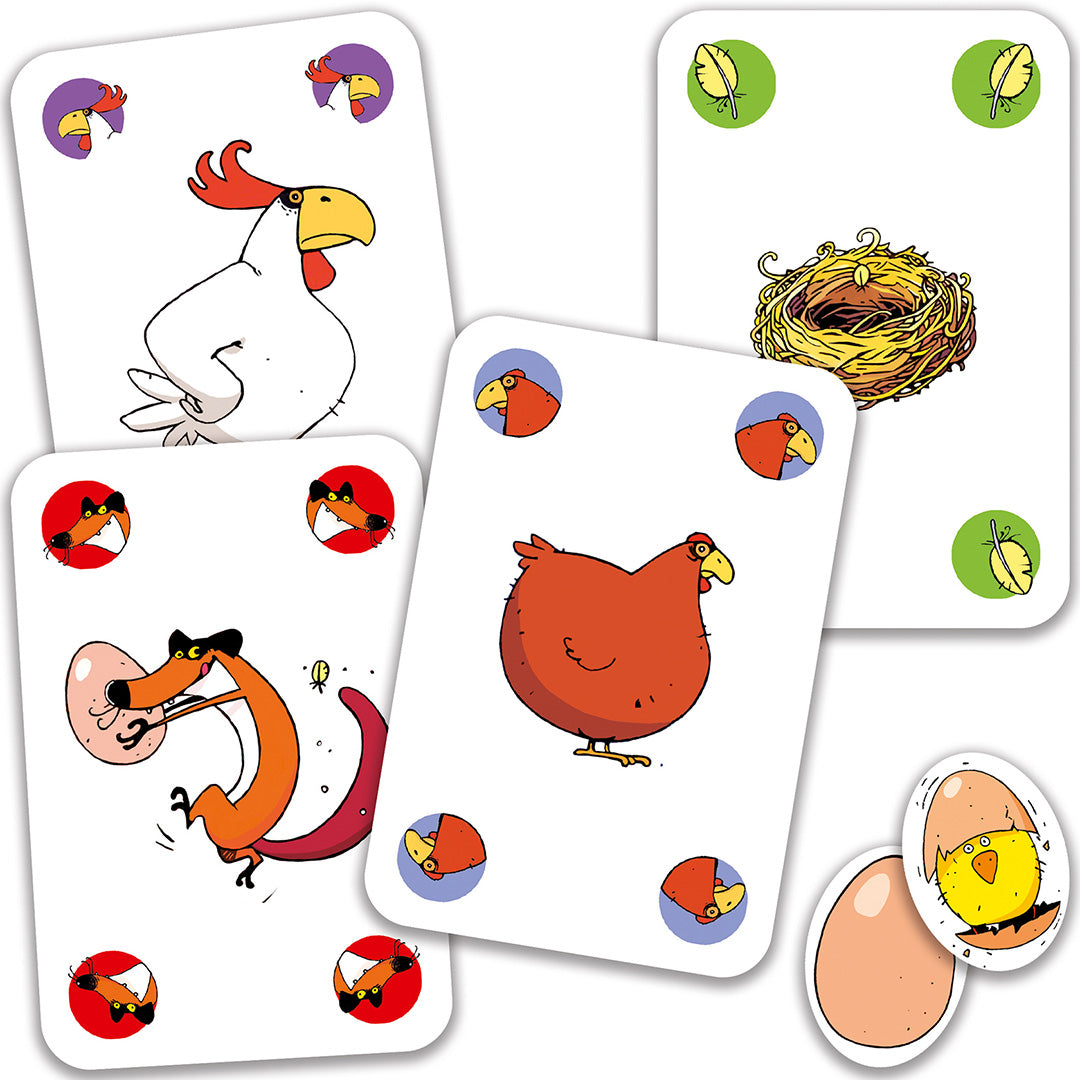 Speelkaarten van het Djeco Piou Piou strategiespel met illustraties van een haan, kip, vos, nest en ei.
