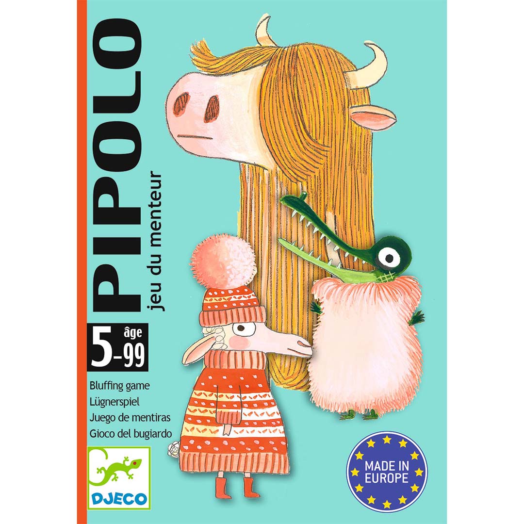 Voorkant van de Djeco Pipolo blufspel kaartspel verpakking met illustraties van een yak, krokodil en schaap.