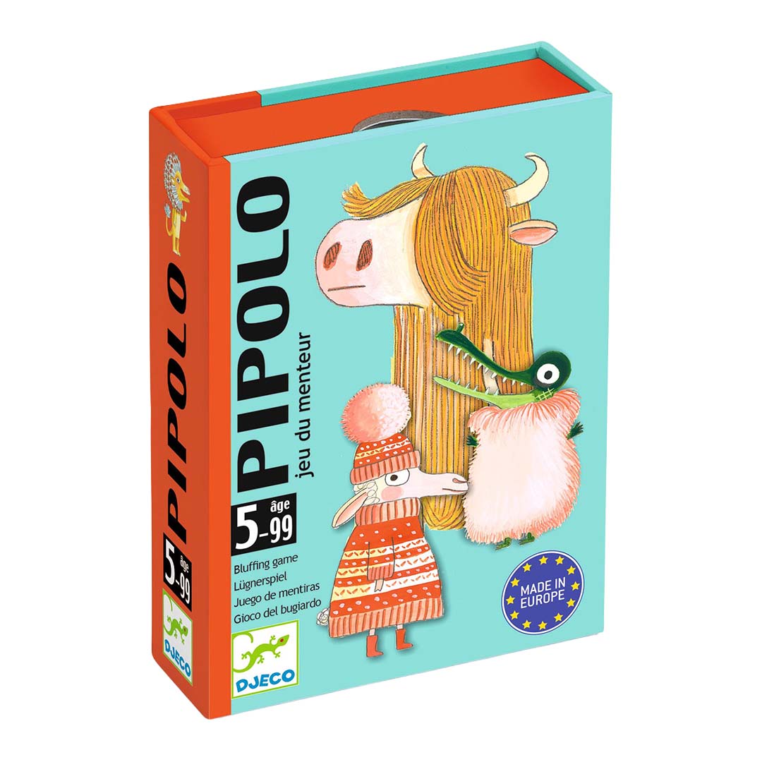 Djeco Pipolo blufspel kaartspel verpakking met illustraties van een yak, krokodil en schaap.