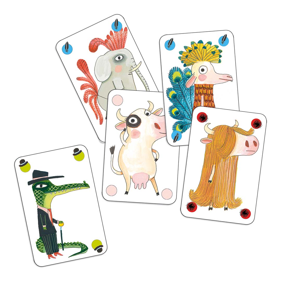 Vijf speelkaarten van het Pipolo kaartspel met illustraties van verschillende dierenfiguren.