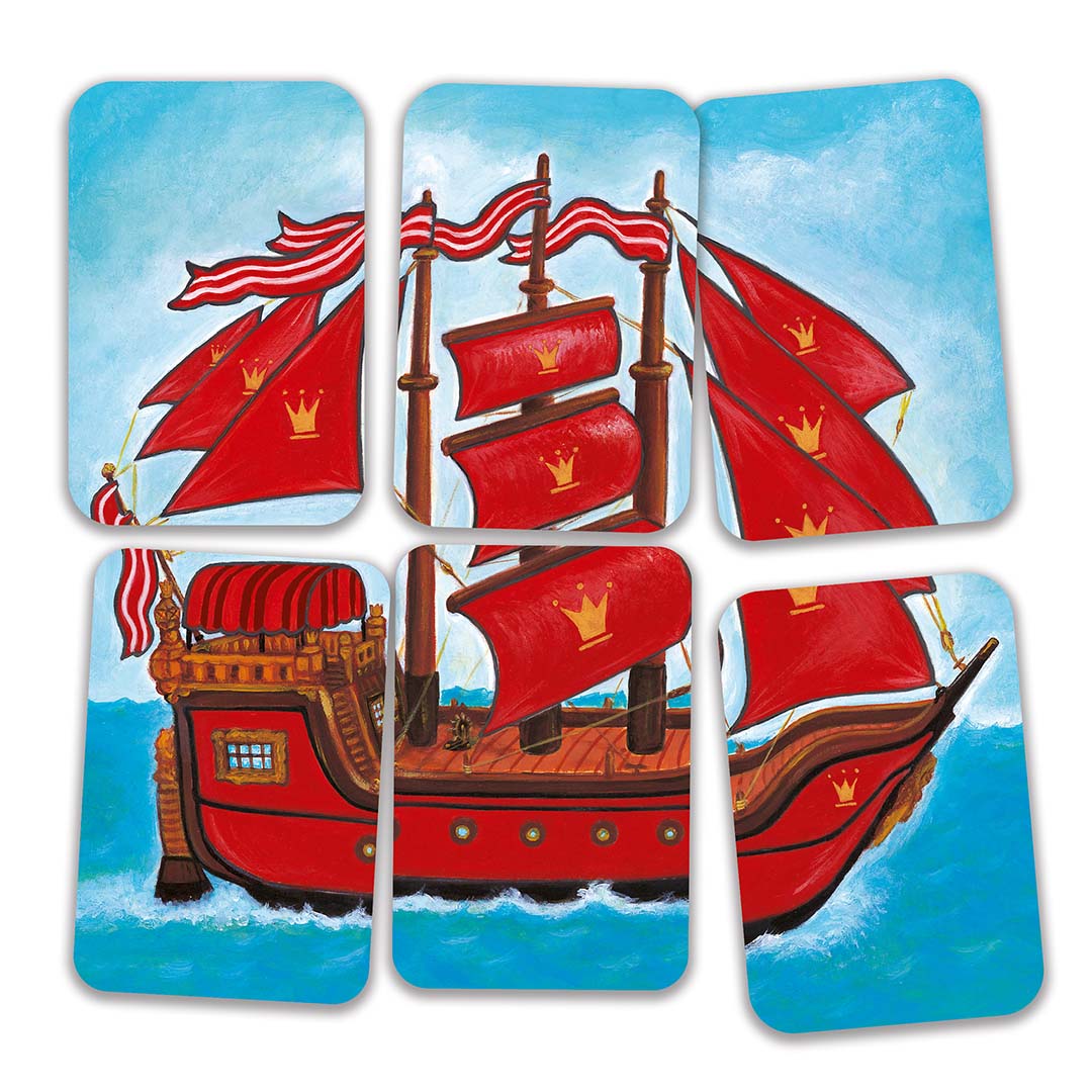 Zes losse kaarten die samen een rood piratenschip met zeilen en vlaggen op een blauwe zee vormen.