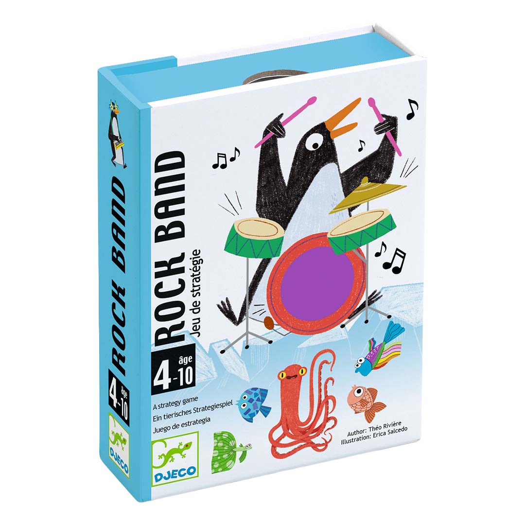 Verpakking van het Djeco Rock Band kaartspel met een pinguïn die drumt en zeedieren.