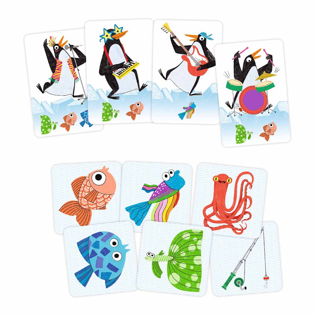Collectie kaarten van het Rock Band kaartspel met pinguïns die muziek maken en diverse zeedieren.
