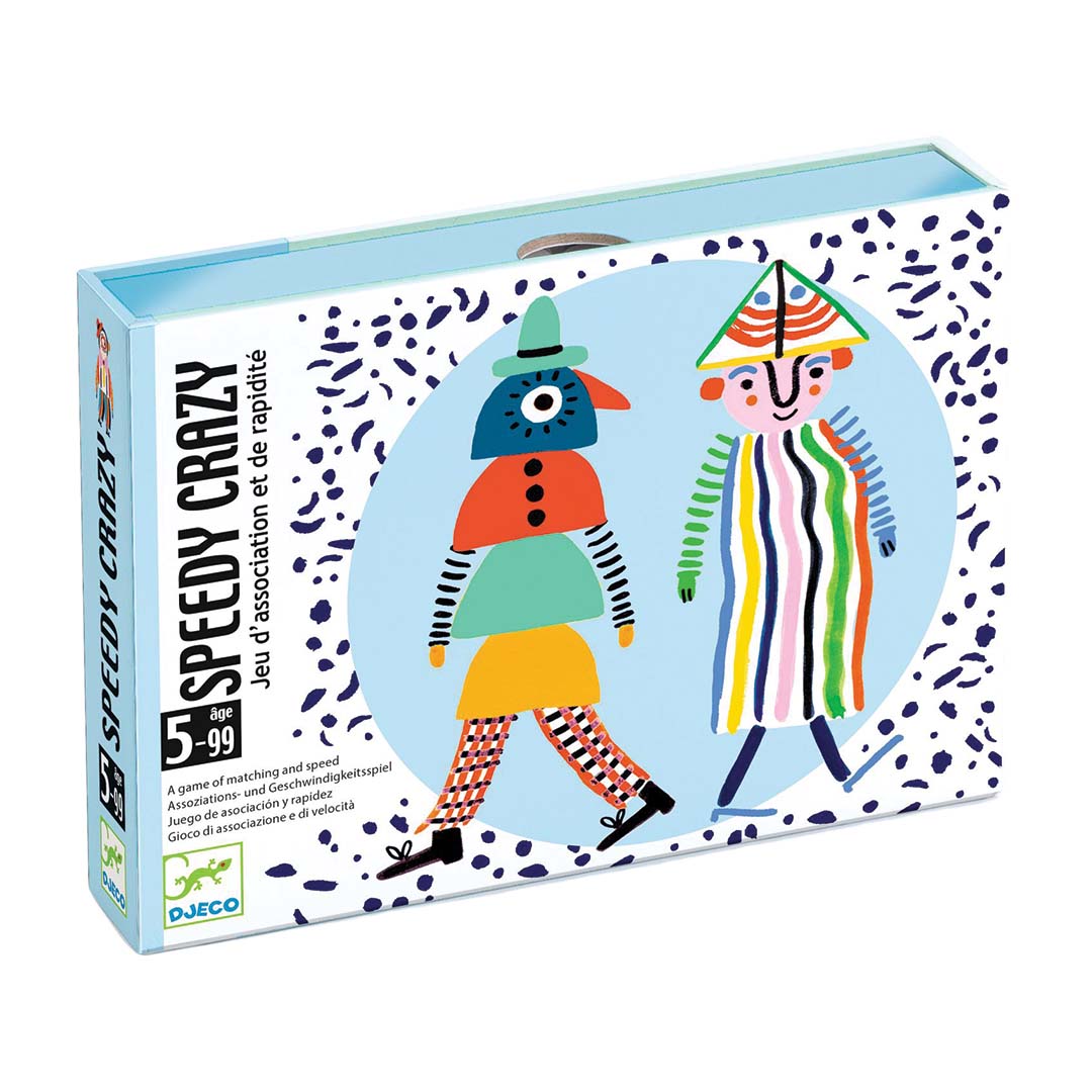 Djeco Speedy Crazy kaartspel verpakking met twee abstracte, kleurrijke figuren.