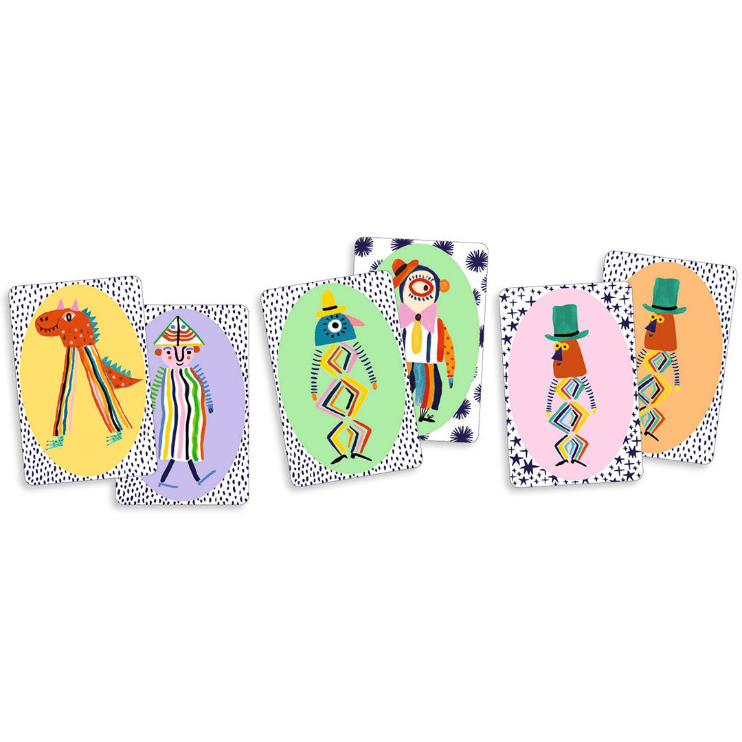 Zes Djeco Speedy Crazy speelkaarten met diverse abstracte, kleurrijke figuren en patronen.