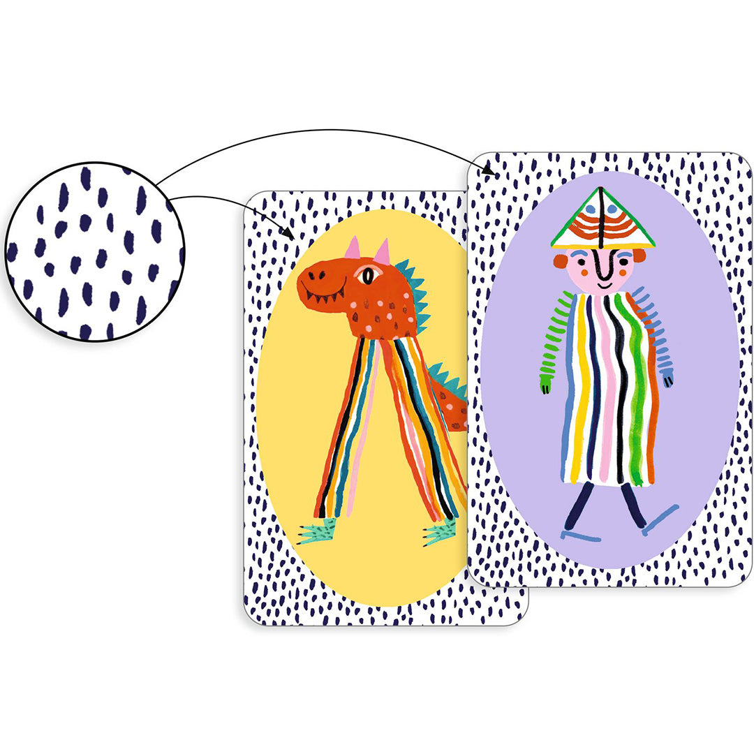 Twee Djeco Speedy Crazy speelkaarten met abstracte figuren, waaronder een draak, en een detail van het stippenpatroon.