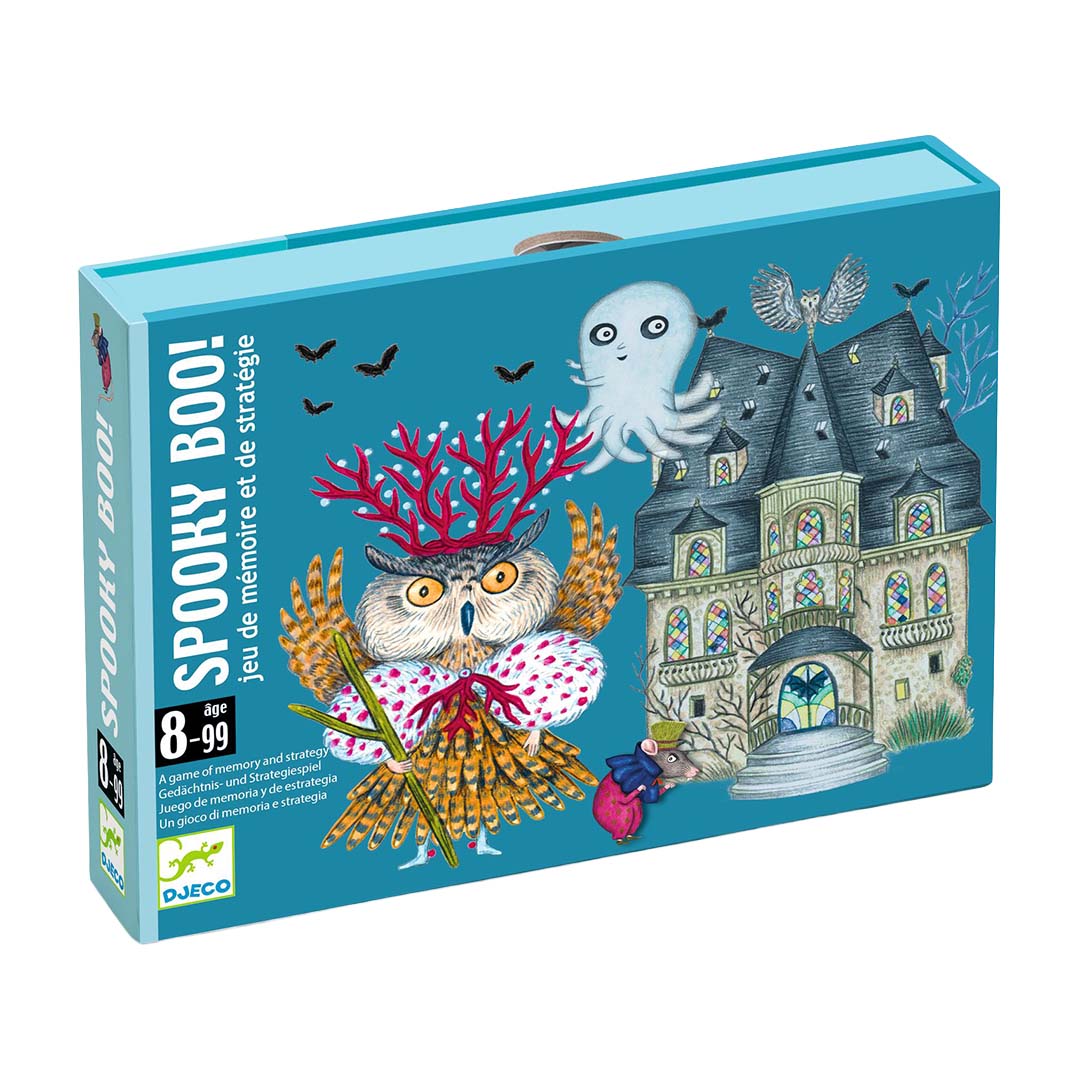Djeco Spooky Boo! kaartspelverpakking met een spookhuis, uil en octopus.
