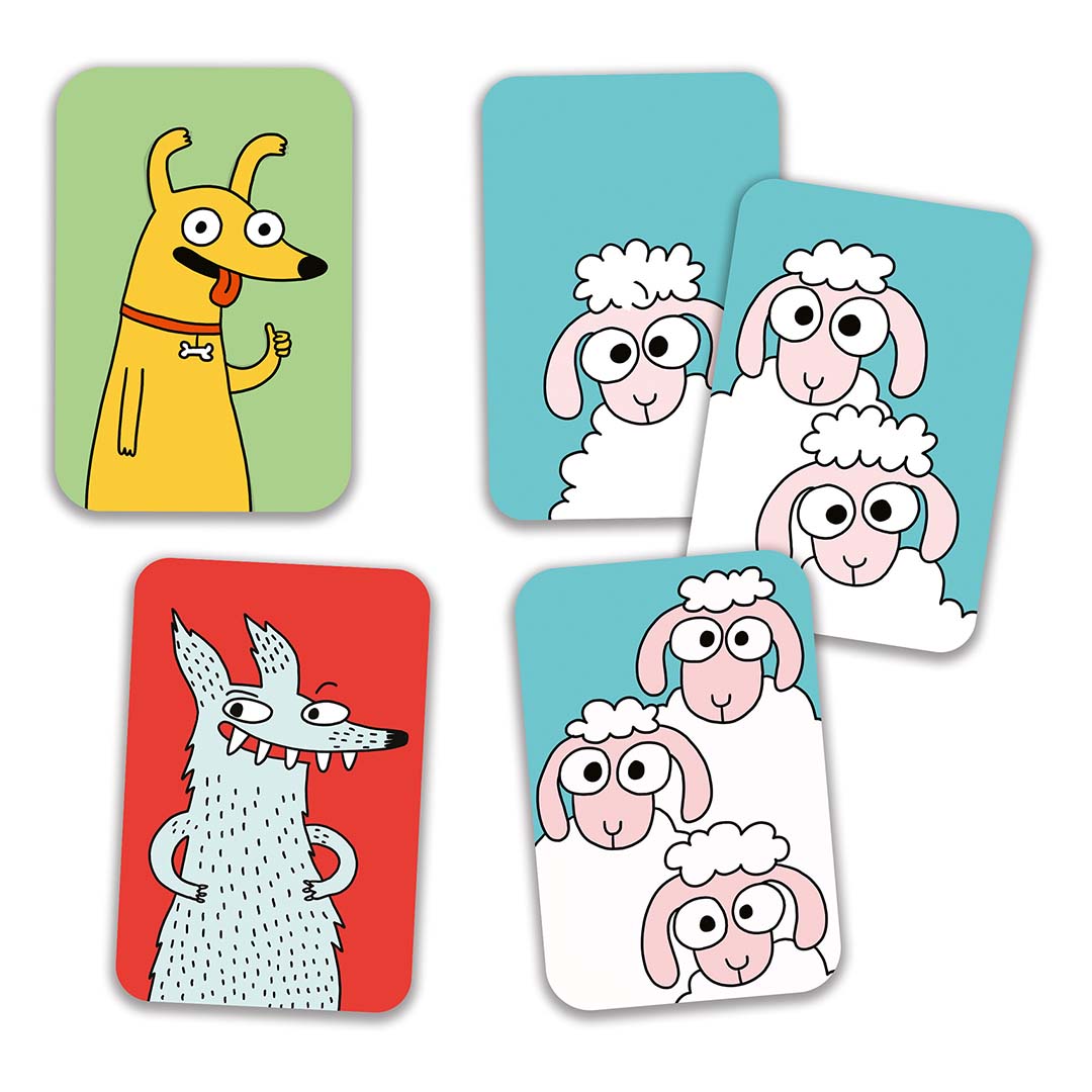 Kaarten van het Swip'Sheep kaartspel met illustraties van een hond, wolf en schapen.
