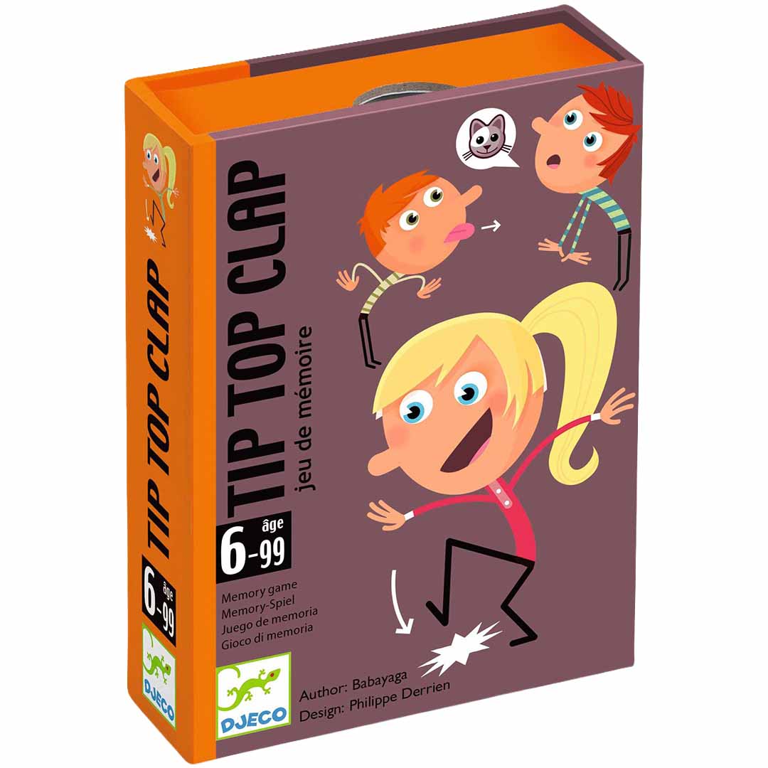 Djeco Tip Top Clap kaartspel verpakking met cartoonfiguren, schuin van bovenaf gezien.