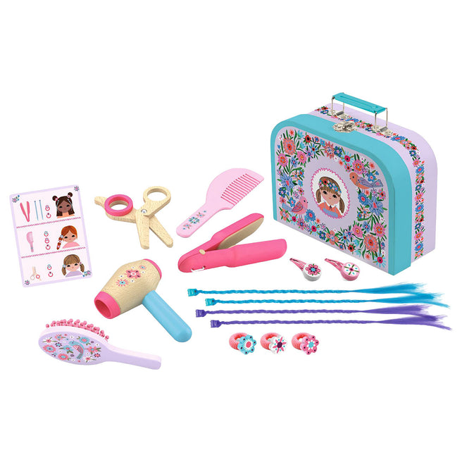 Djeco kappersset Lily met bloemenkoffer, föhn, borstel, schaar, stijltang, haarclips, haarelastiekjes en haarextensies.