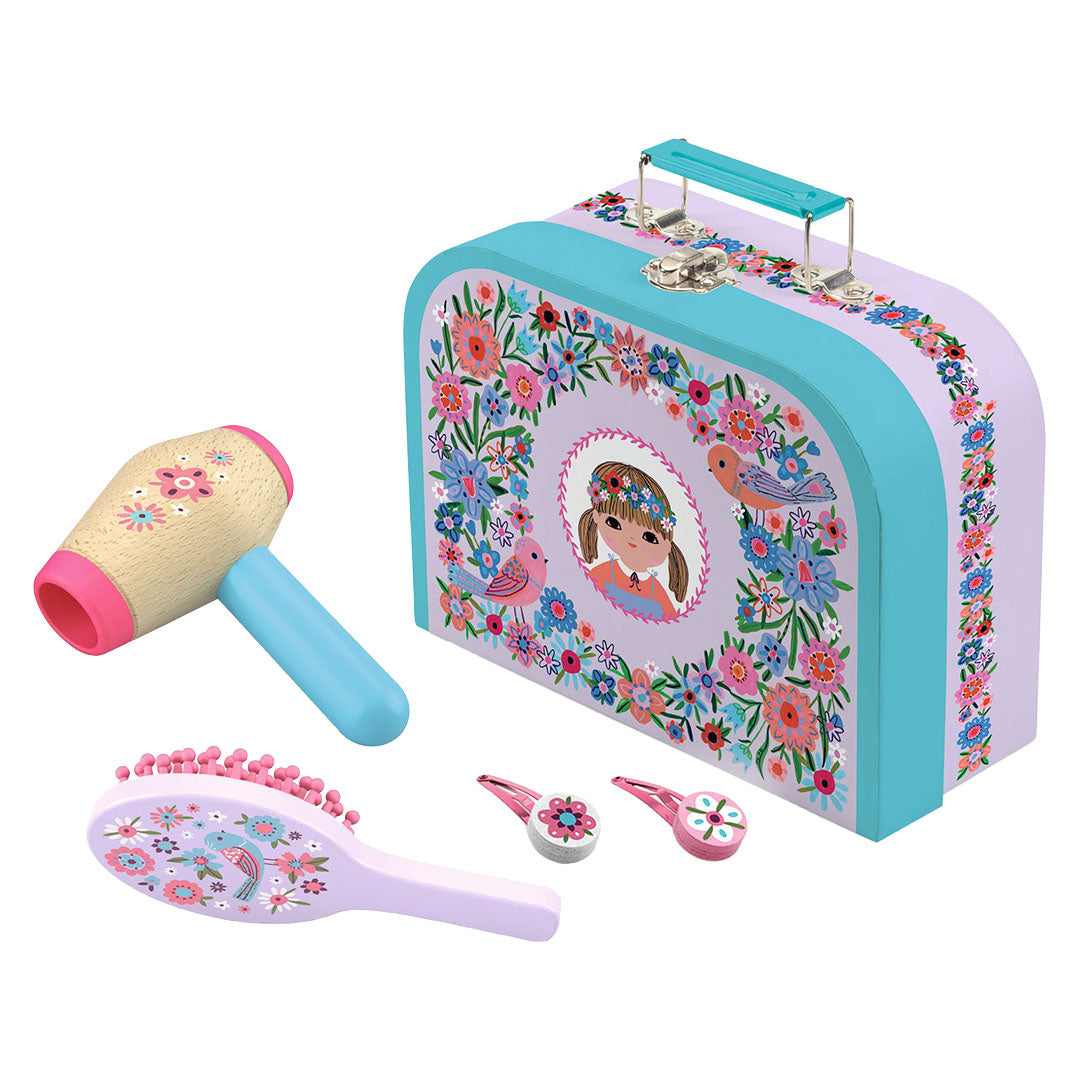 Djeco kappersset Lily met een bloemenkoffer, föhn, borstel en twee haarclips.