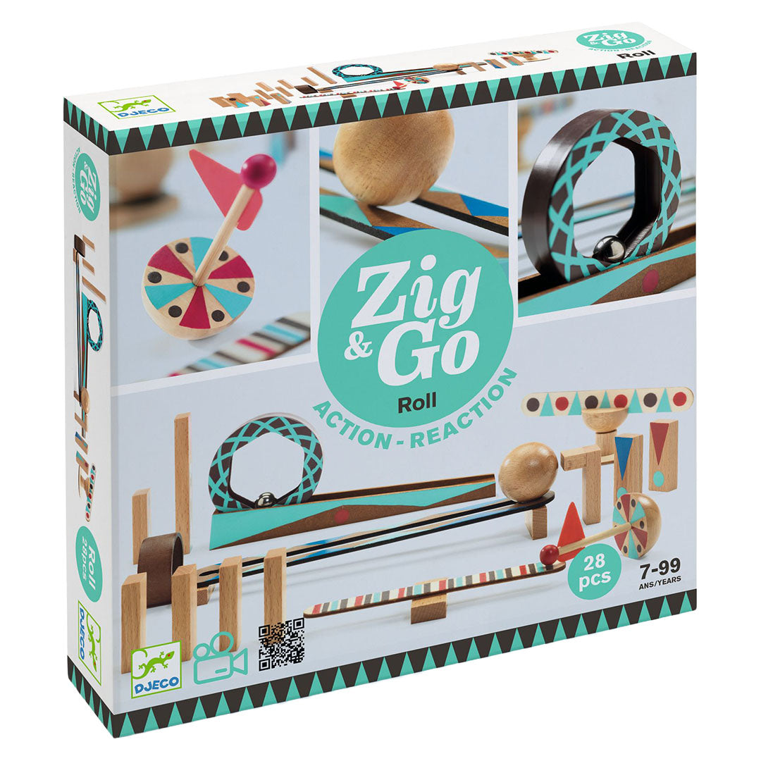 Djeco Zig & Go kettingreactiespel verpakking met afbeelding van houten onderdelen in geometrische patronen.