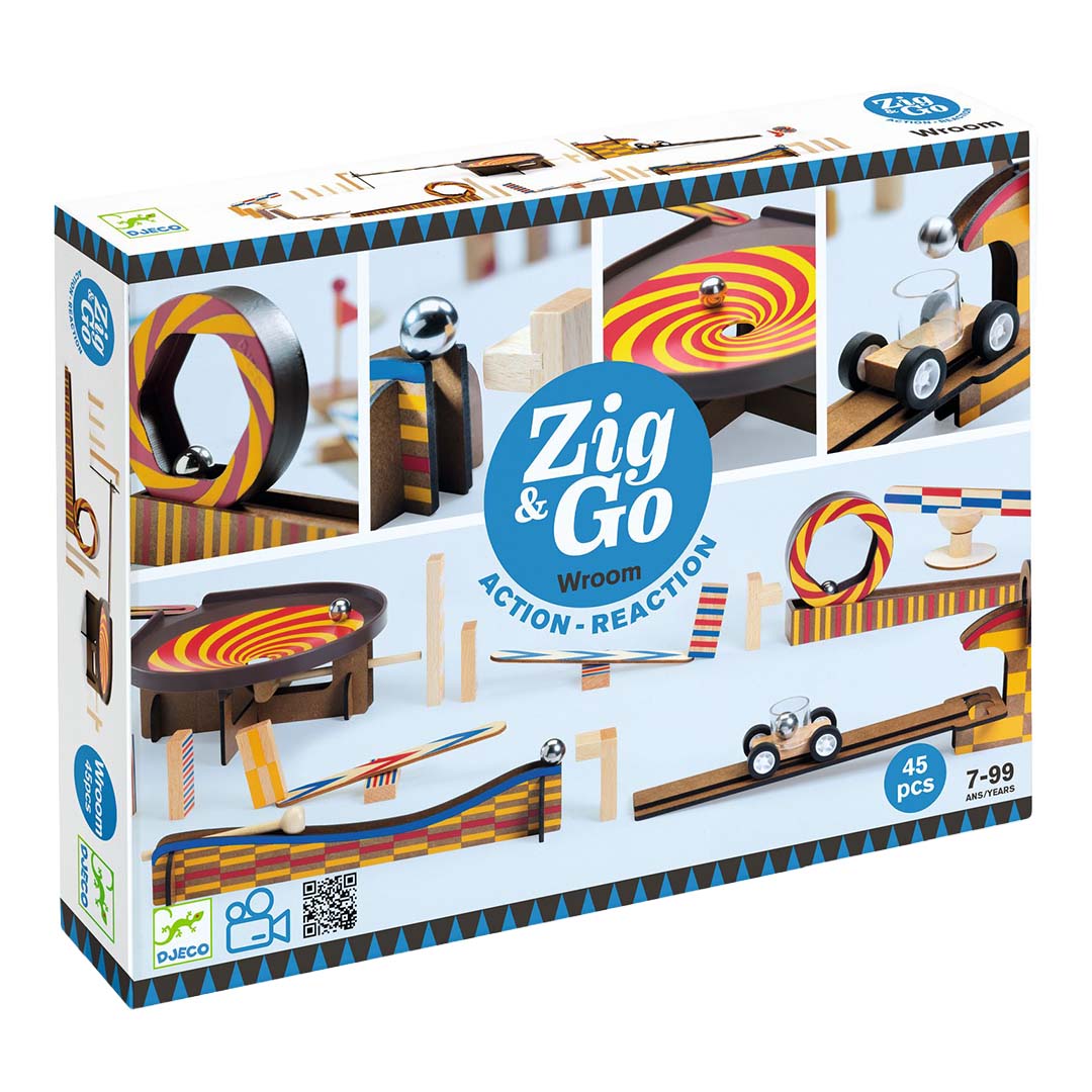 Verpakking van het Djeco Zig & Go kettingreactiespel met voorbeelden van de knikkerbaanopstellingen.