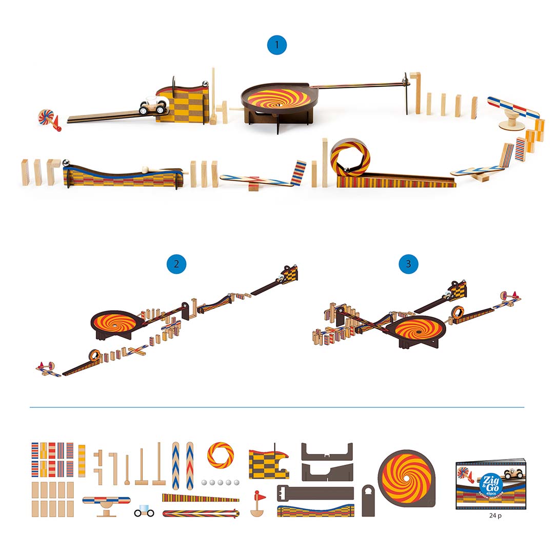 Infographic met drie voorbeeldopstellingen en alle losse onderdelen van het Djeco Zig & Go kettingreactiespel.