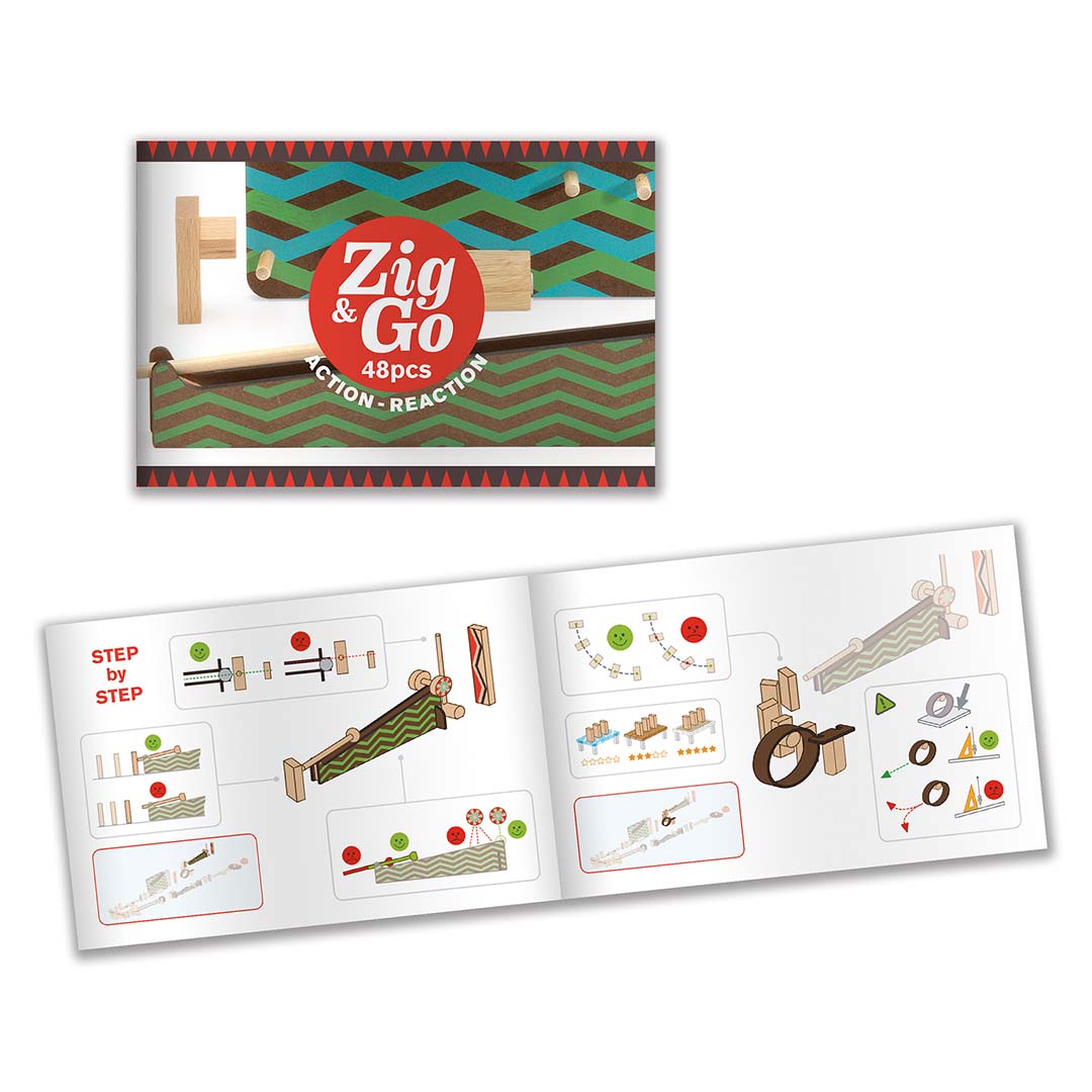 Het instructieboekje van het Djeco Zig & Go kettingreactiespel met stap-voor-stap bouwinstructies.