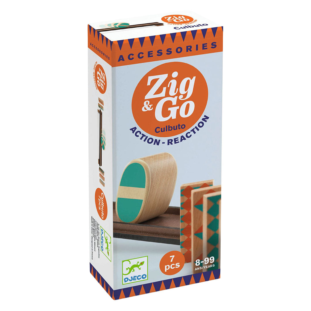 Verpakking van het Djeco kettingreactiespel Zig & Go Culbuto met geometrische patronen.