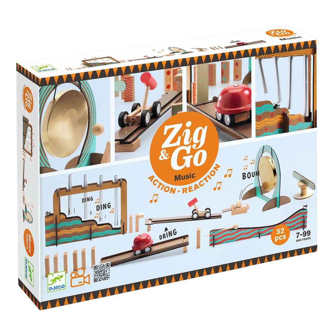 Djeco Zig & Go Music kettingreactiespel verpakking met voorbeelden van de onderdelen.